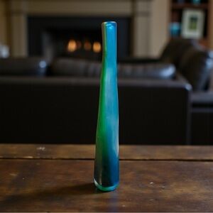 Mid-Century Modern Blue Green Ombre Art Glass Vase – Tall Cylinder Bud Vase